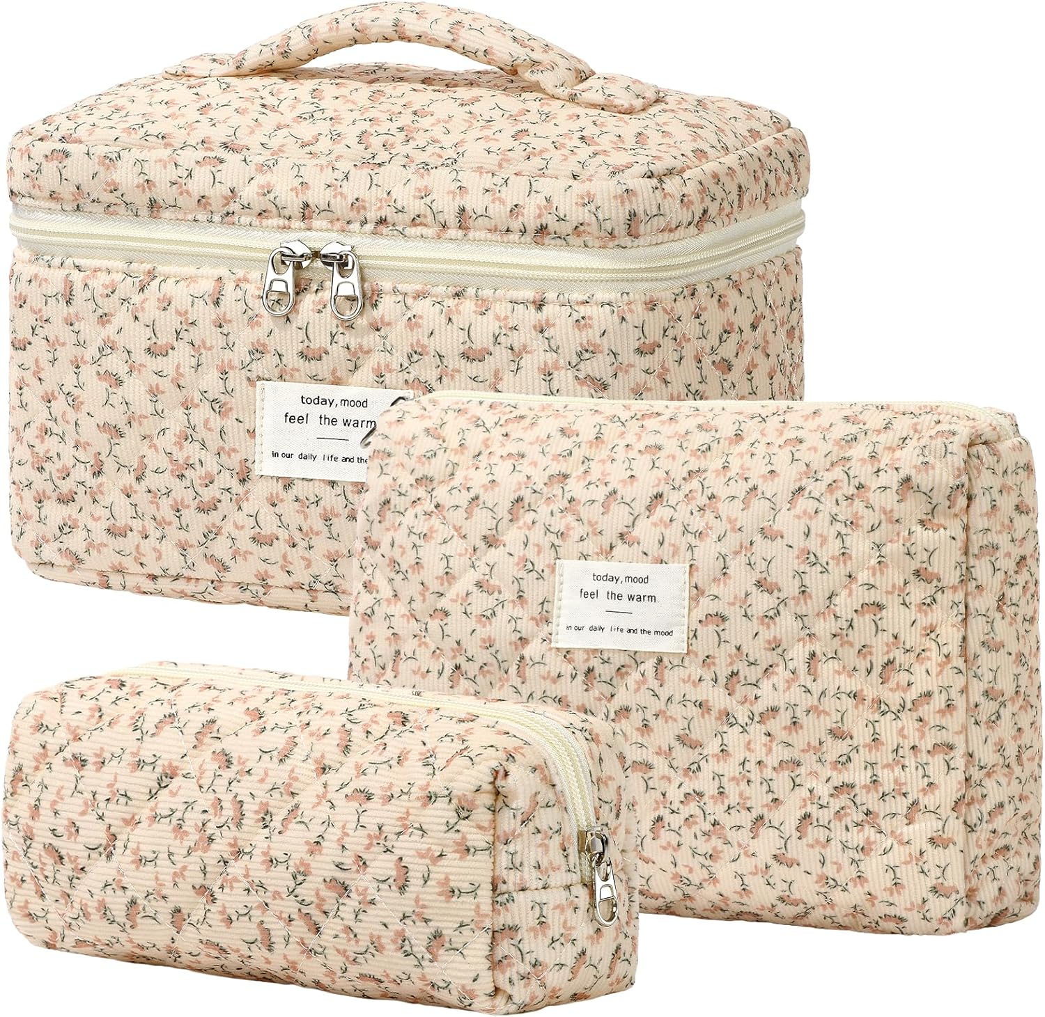Set van 3 make-uptassen voor dames met bloemenpatroon, toilettas, grote toilettas, draagbare make-uptas voor reizen en dagelijks gebruik, pollen, roze, rustieke bloem