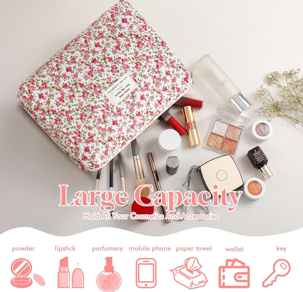 Set van 3 make-uptassen voor dames met bloemenpatroon, toilettas, grote toilettas, draagbare make-uptas voor reizen en dagelijks gebruik, pollen, roze, rustieke bloem