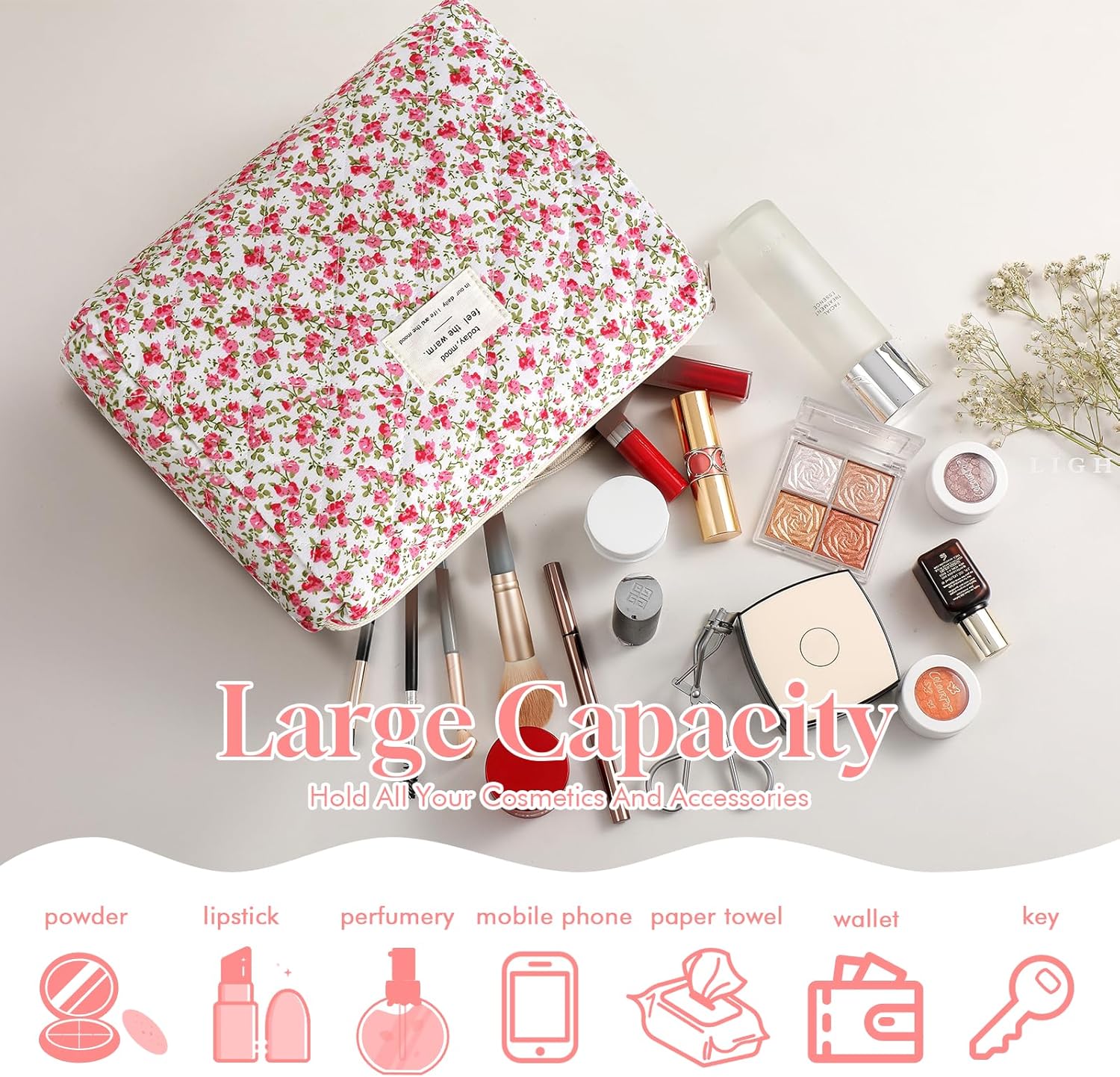 Set van 3 make-uptassen voor dames met bloemenpatroon, toilettas, grote toilettas, draagbare make-uptas voor reizen en dagelijks gebruik, pollen, roze, rustieke bloem