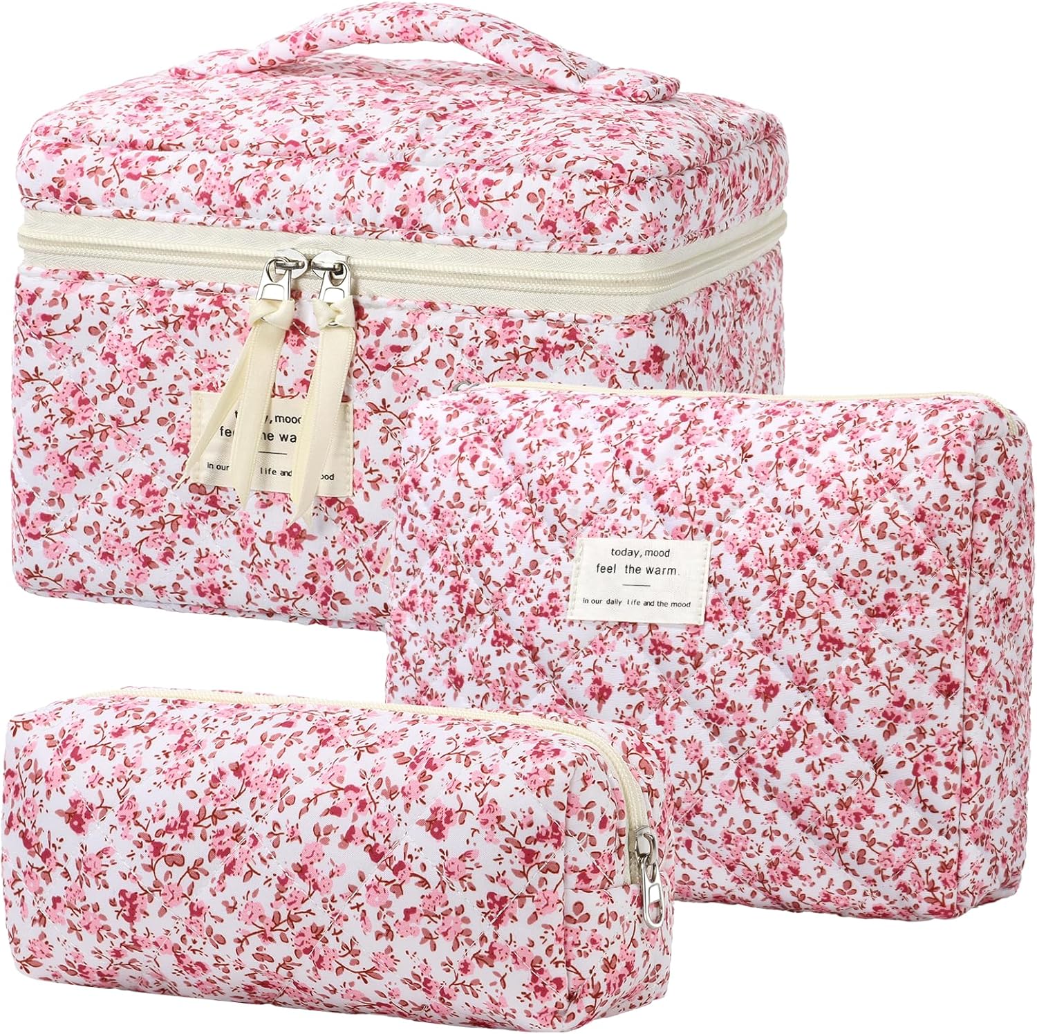Set van 3 make-uptassen voor dames met bloemenpatroon, toilettas, grote toilettas, draagbare make-uptas voor reizen en dagelijks gebruik, pollen, roze, rustieke bloem