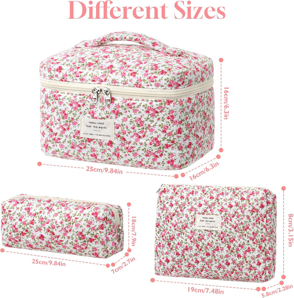 Set van 3 make-uptassen voor dames met bloemenpatroon, toilettas, grote toilettas, draagbare make-uptas voor reizen en dagelijks gebruik, pollen, roze, rustieke bloem