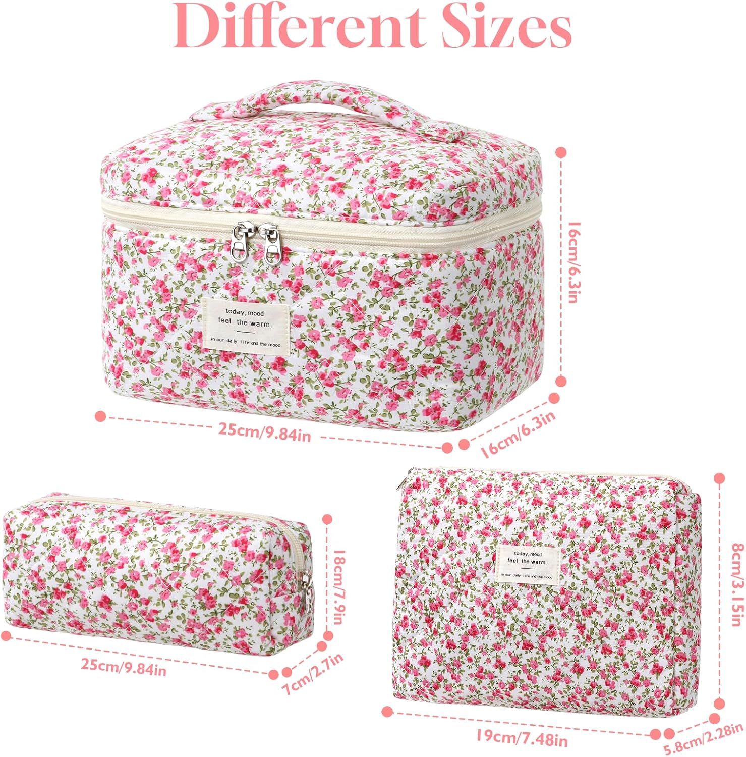 Set van 3 make-uptassen voor dames met bloemenpatroon, toilettas, grote toilettas, draagbare make-uptas voor reizen en dagelijks gebruik, pollen, roze, rustieke bloem