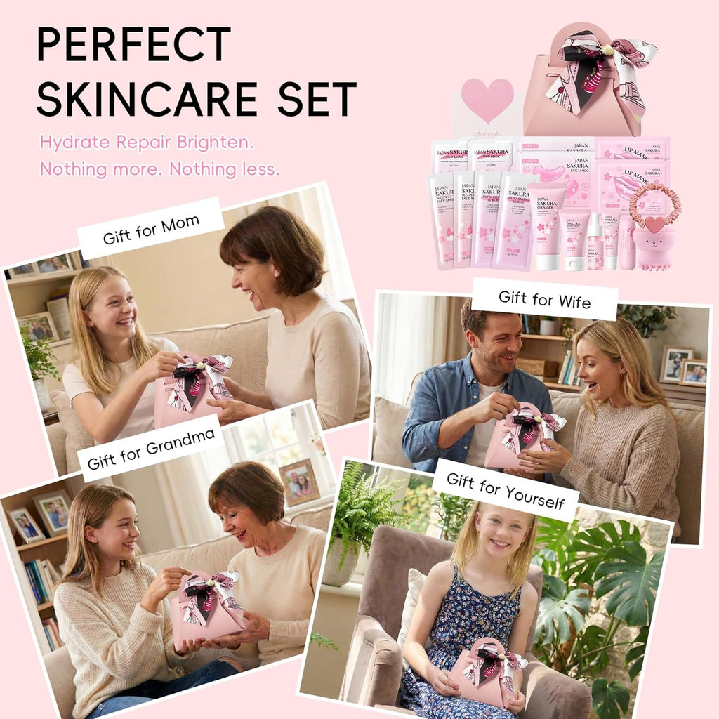 LAIKOU Sakura Skincare Set voor tieners, meisjes, 18-delig, gezichtsverzorgingsset voor reizen, met reiniger, crème, masker, patch, lippen, elastisch, voor hydraterend, voedend en glanzend