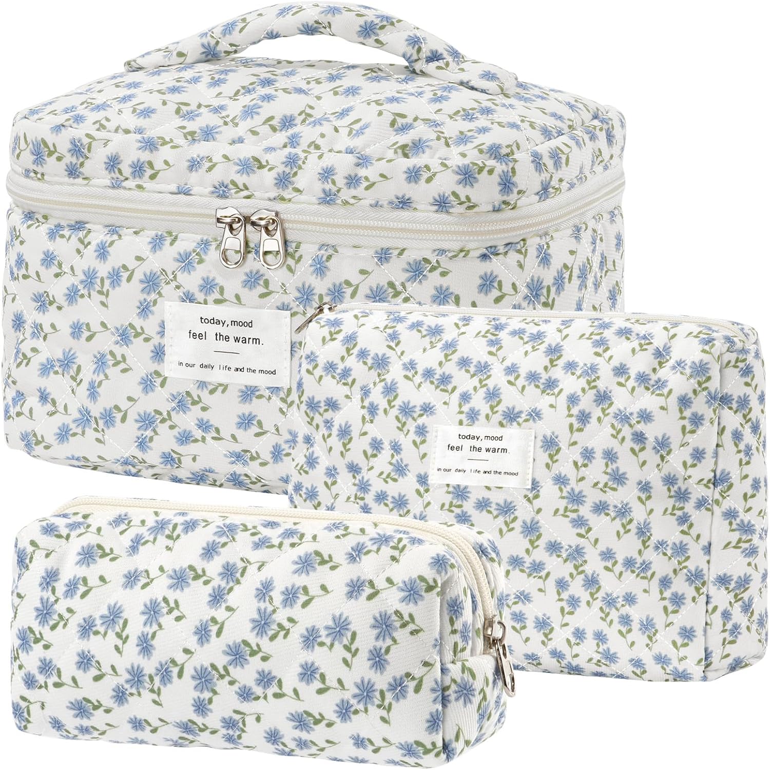 Set van 3 make-uptassen voor dames met bloemenpatroon, toilettas, grote toilettas, draagbare make-uptas voor reizen en dagelijks gebruik, pollen, roze, rustieke bloem