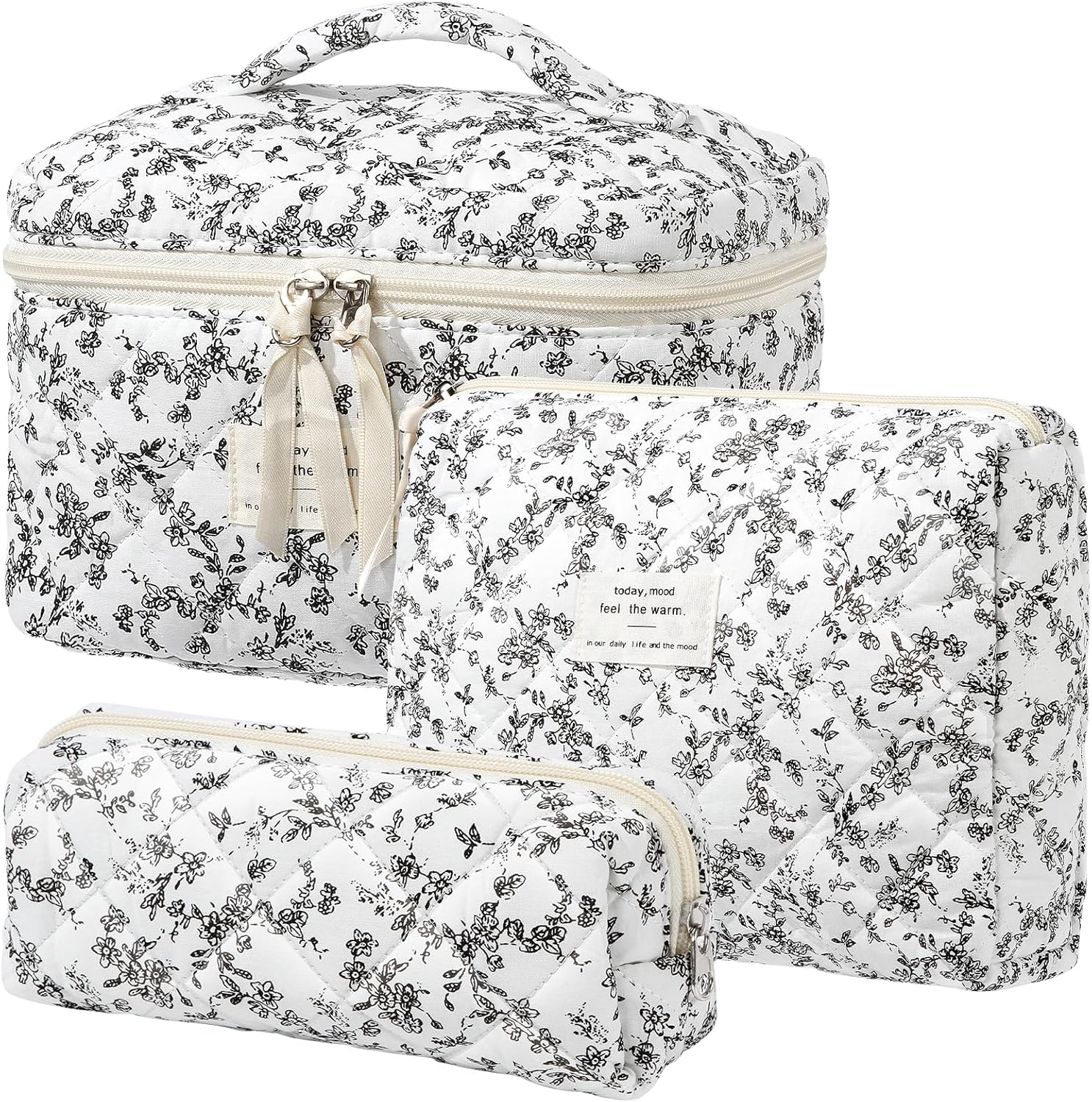 Set van 3 make-uptassen voor dames met bloemenpatroon, toilettas, grote toilettas, draagbare make-uptas voor reizen en dagelijks gebruik, pollen, roze, rustieke bloem