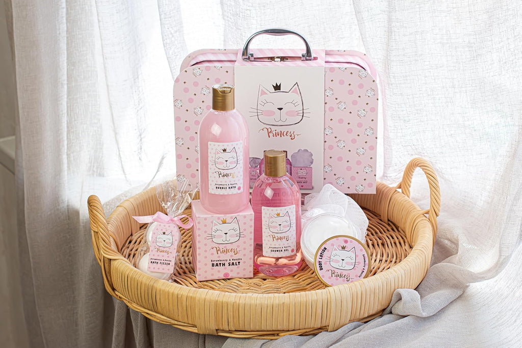 Accentra - Princess Kitty cadeauset voor meisjes en vrouwen - doucheset inclusief schuimbad, scrub, douchegel en meer - Fruitgeur cadeau in een mooie doos